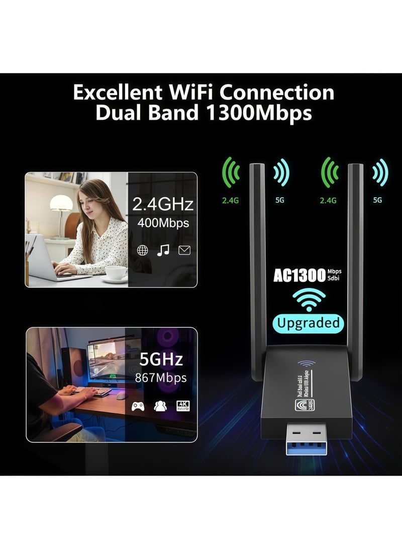 أورييل مستقبل شبكة لاسلكية خارجي مزدوج النطاق (2.4GHz/5GHz) بسرعة 1300Mbps، بمنفذ USB 3.0، يدعم أجهزة الكمبيوتر المكتبية (PC) وأنظمة Windows/Mac، وميزة التوصيل والتشغيل (Plug and Play). - Image 2